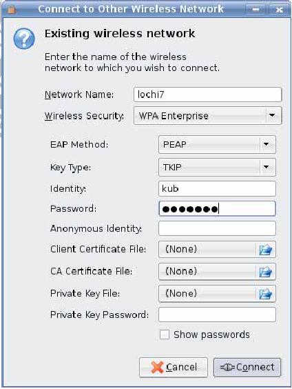 Рис. 1. Подключение к сети WPA Enterprise с помощью апплета NetworkManager