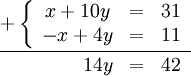 \frac{+\left\{ \begin{array}{ccc}
x+10y & = & 31\\
-x+4y & = & 11\end{array}\right.}{{\;\;\;\;\;\;\;\;\;\;\;\;\;}\begin{array}{ccc}
14y & = & 42\end{array}}