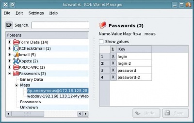 Kdewallet применяет шифрование и однократный запрос пароля, чтобы обезопасить настольные приложения Kopete и сессию VNC, а также пароли online- форумов.